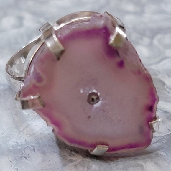 Pink Agate Slice Statement Rings, Gemstone Sterling Silver Ring, Size 7.5 - Picture 2 of 10